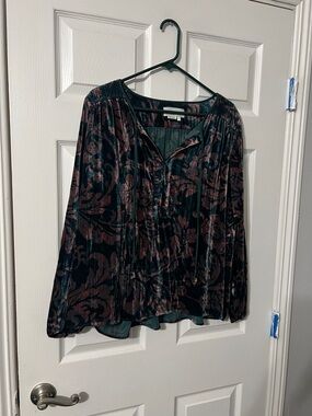 Anthropologie Velvet Burnout Floral Blouse in Teal and Plum